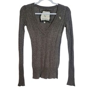 Abercrombie & Fitch Y2K Brown Deep V-Neck Cable Knit Sweater Women's Small Slim